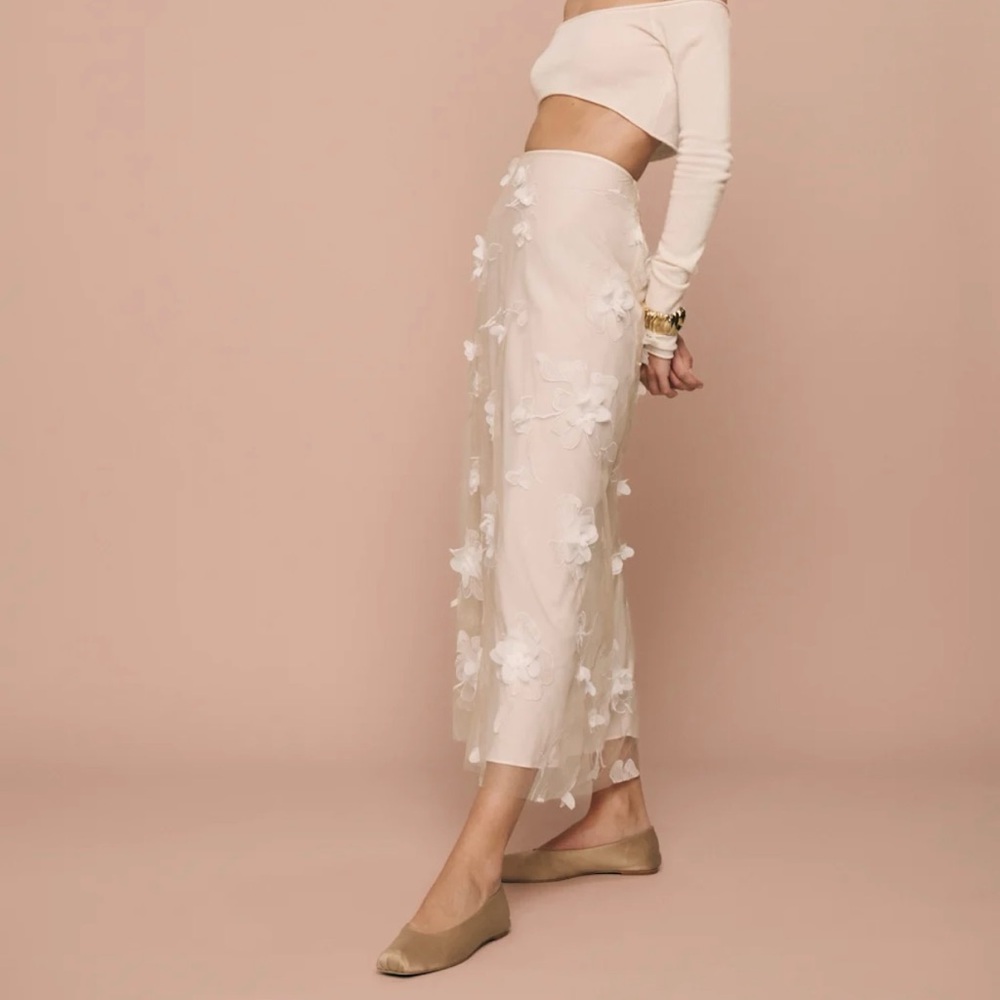 Reformation Cream Floral Midi Skirt